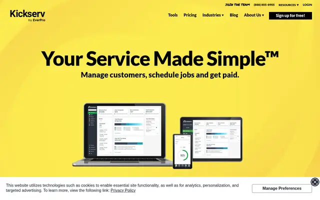 Screenshot of the Kickserv homepage