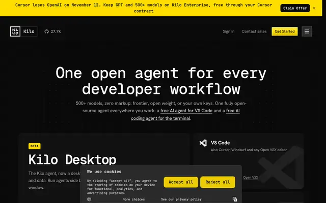 Screenshot of the Kilo Code homepage