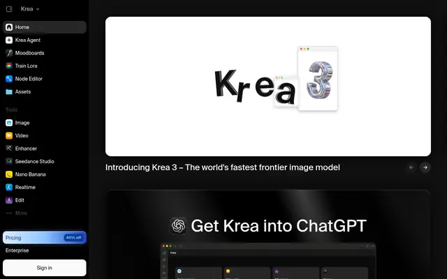Screenshot of the Krea homepage