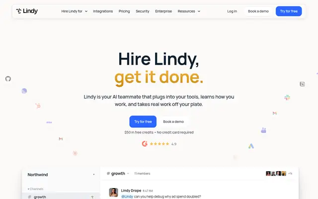 Screenshot of the Lindy homepage