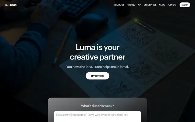Screenshot of the Luma AI homepage