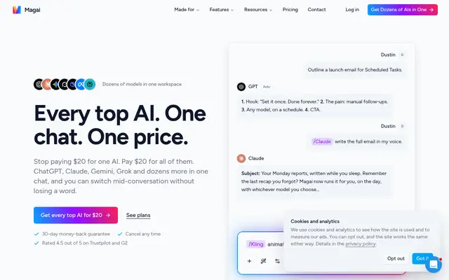 Screenshot of the Magai homepage