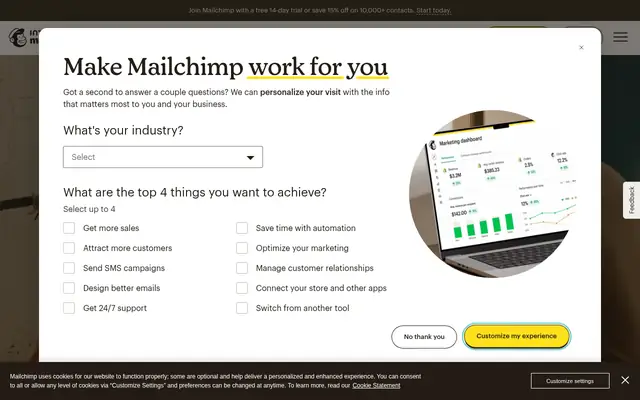 Screenshot of the Mailchimp homepage