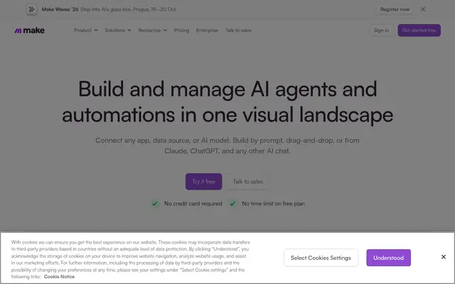 Screenshot of the Make homepage