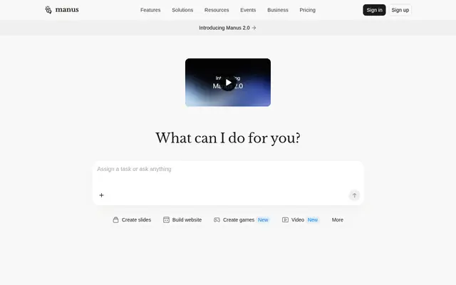 Screenshot of the Manus homepage