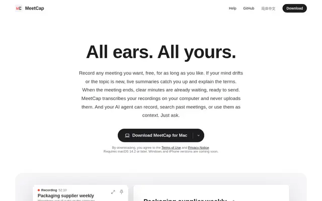 Screenshot of the MeetCap homepage