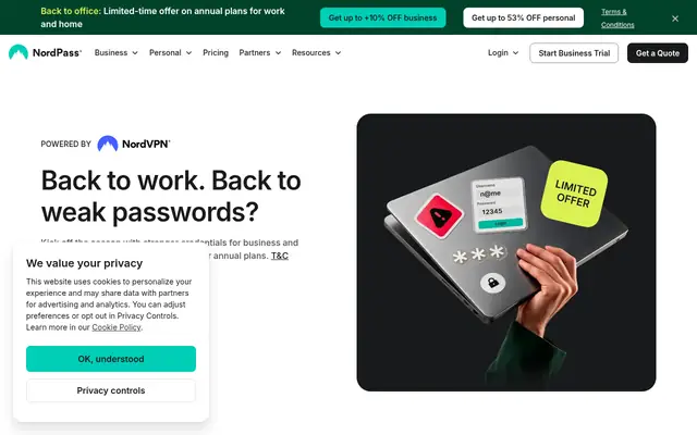 Screenshot of the NordPass homepage