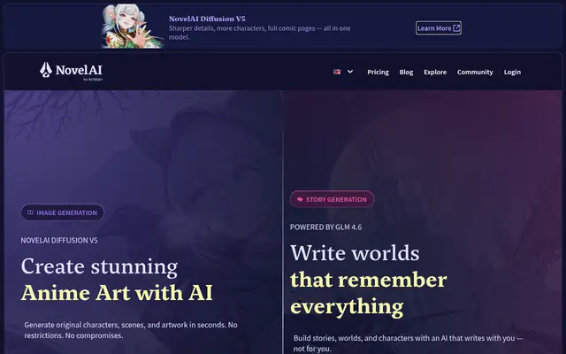 Screenshot of the NovelAI homepage