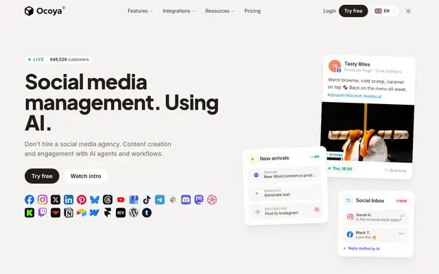 Screenshot of the Ocoya homepage