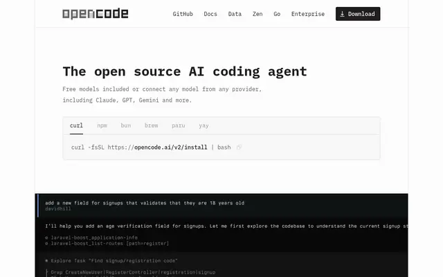 Screenshot of the OpenCode homepage
