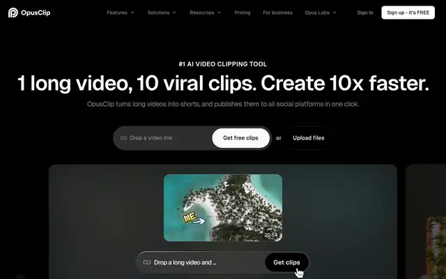 Screenshot of the Opus Clip homepage