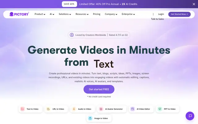 Screenshot of the Pictory homepage