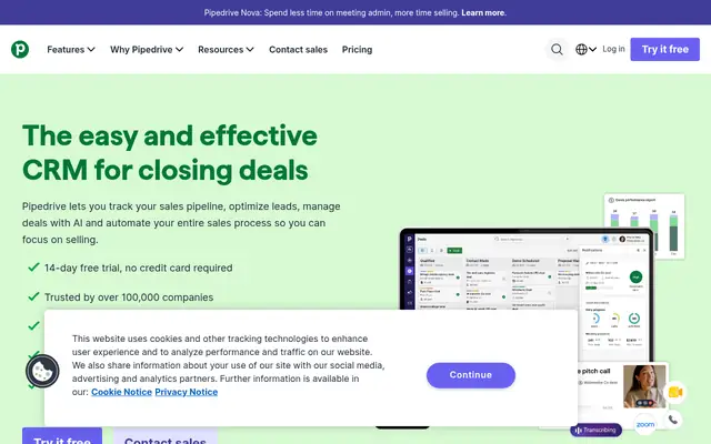 Screenshot of the Pipedrive homepage