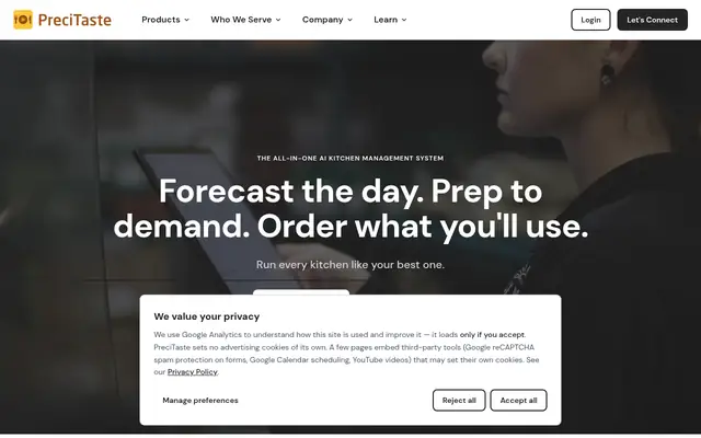 Screenshot of the PreciTaste homepage