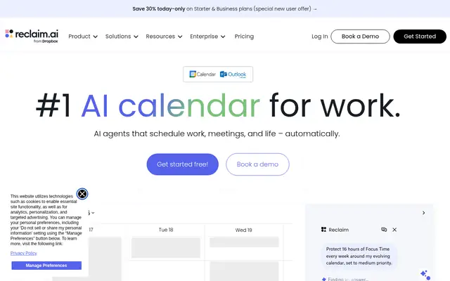 Screenshot of the Reclaim.ai homepage