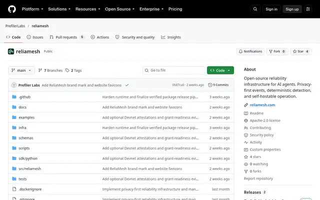 Screenshot of the ReliaMesh homepage