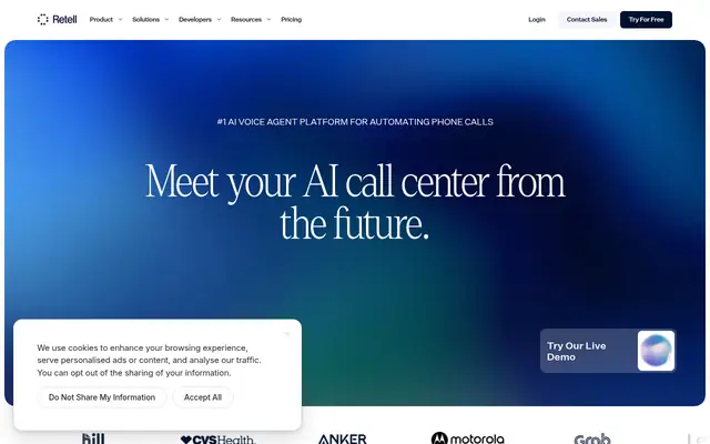 Screenshot of the Retell AI homepage