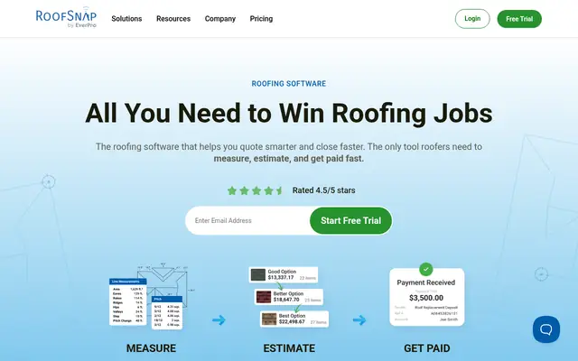 Screenshot of the RoofSnap homepage