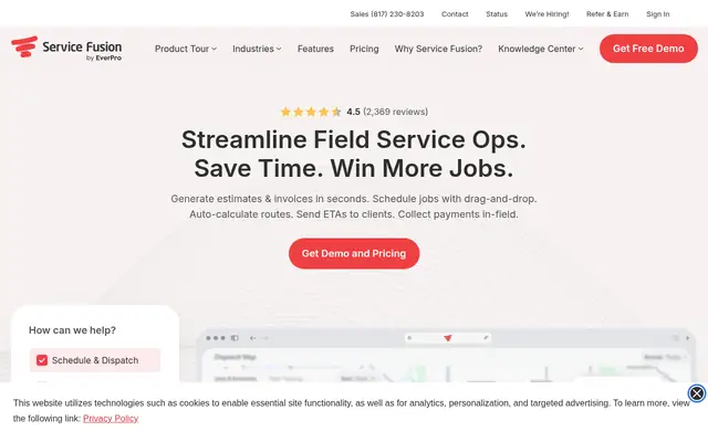 Screenshot of the Service Fusion homepage