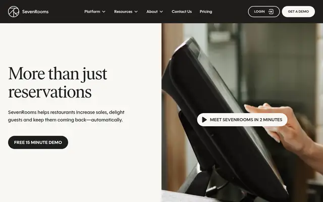 Screenshot of the SevenRooms homepage