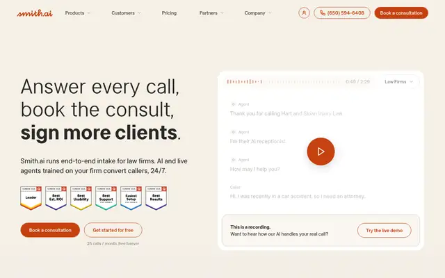 Screenshot of the Smith.ai homepage