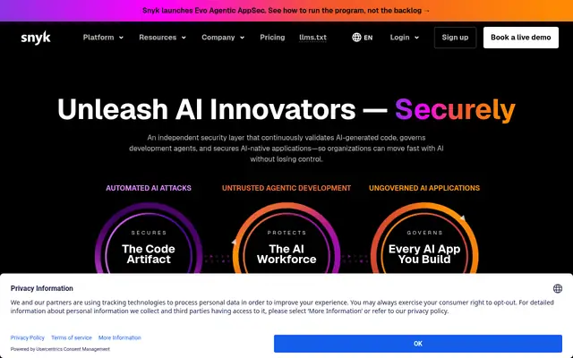 Screenshot of the Snyk homepage
