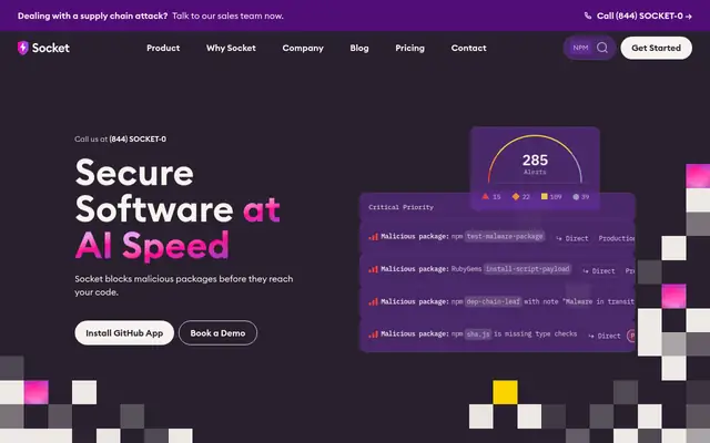 Screenshot of the Socket homepage