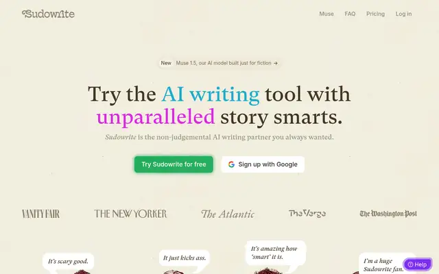Screenshot of the Sudowrite homepage