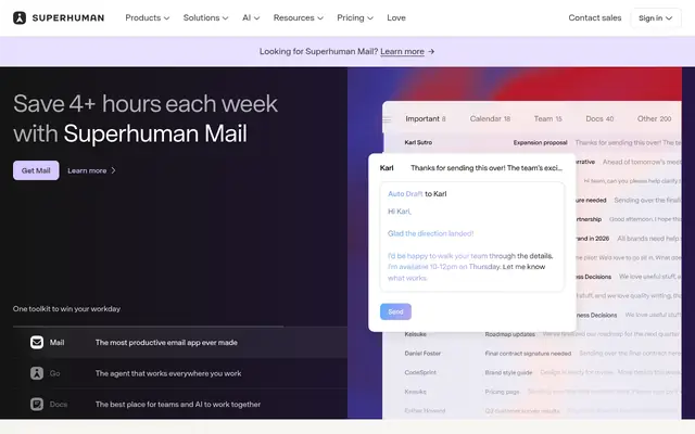 Screenshot of the Superhuman homepage