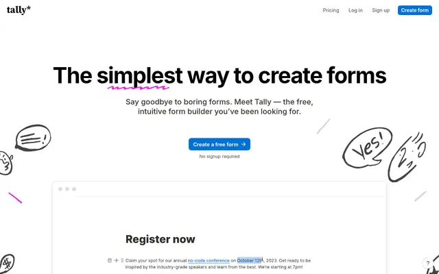 Screenshot of the Tally homepage