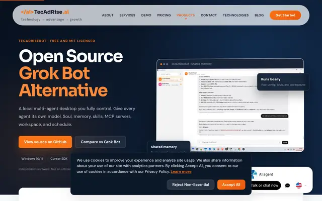 Screenshot of the TecAdRise Bot homepage