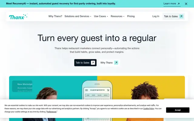 Screenshot of the Thanx homepage