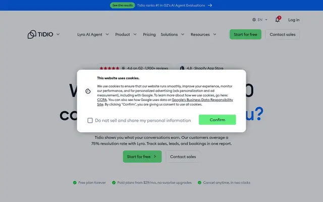 Screenshot of the Tidio homepage