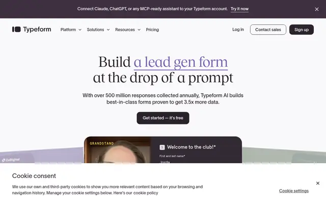 Screenshot of the Typeform homepage