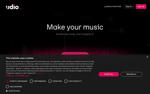 Screenshot of the Udio homepage