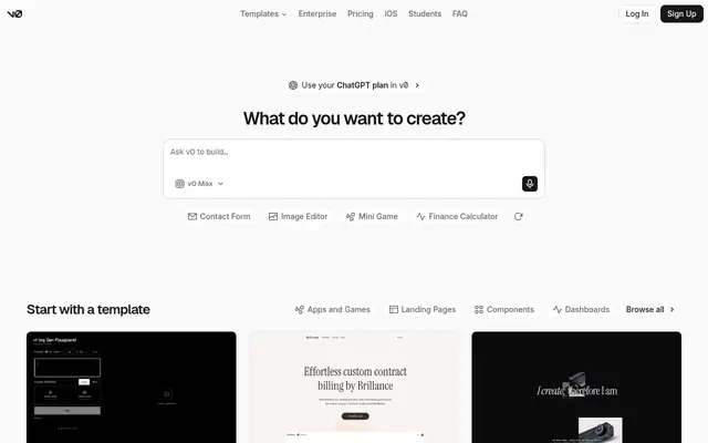Screenshot of the v0 homepage