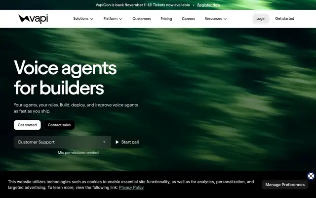 Screenshot of the Vapi homepage