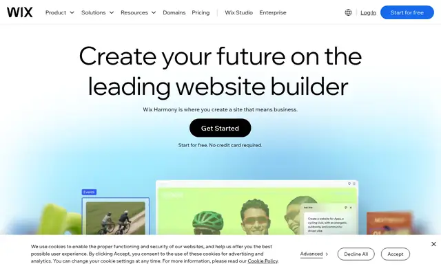 Screenshot of the Wix homepage
