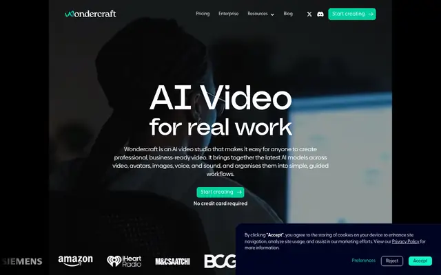 Screenshot of the Wondercraft homepage