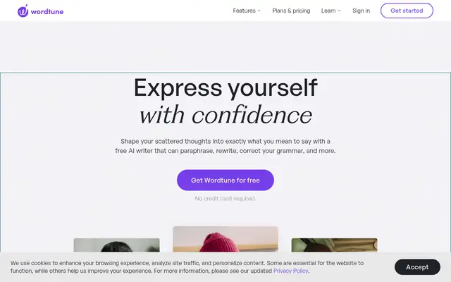Screenshot of the Wordtune homepage