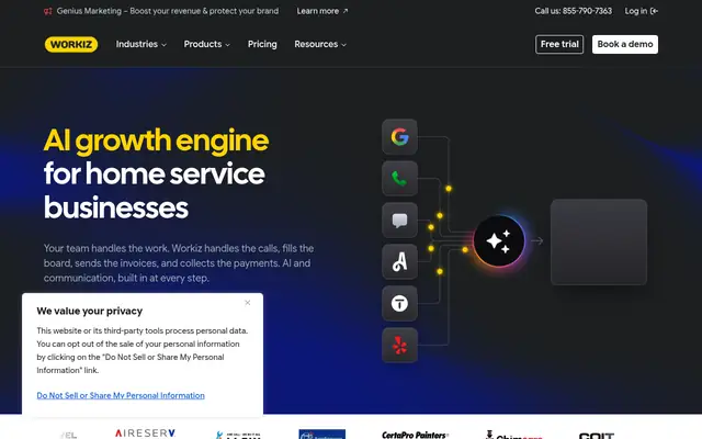 Screenshot of the Workiz homepage