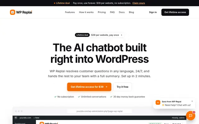 Screenshot of the WP Replai homepage