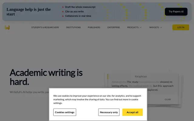 Screenshot of the Writefull homepage