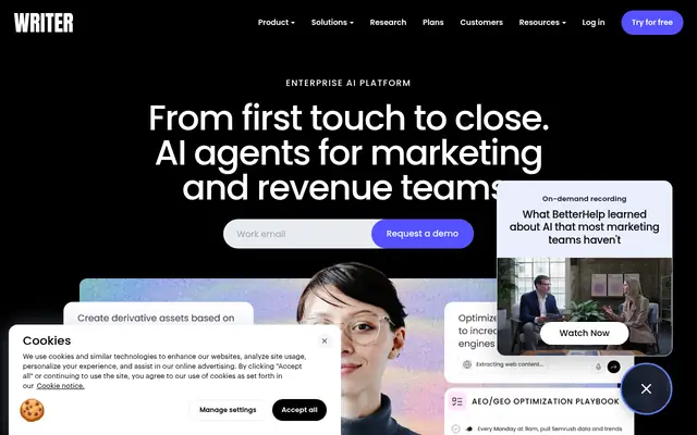 Screenshot of the Writer homepage