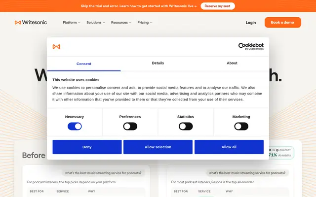 Screenshot of the Writesonic homepage