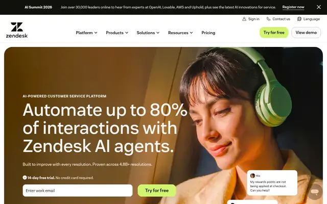 Screenshot of the Zendesk homepage